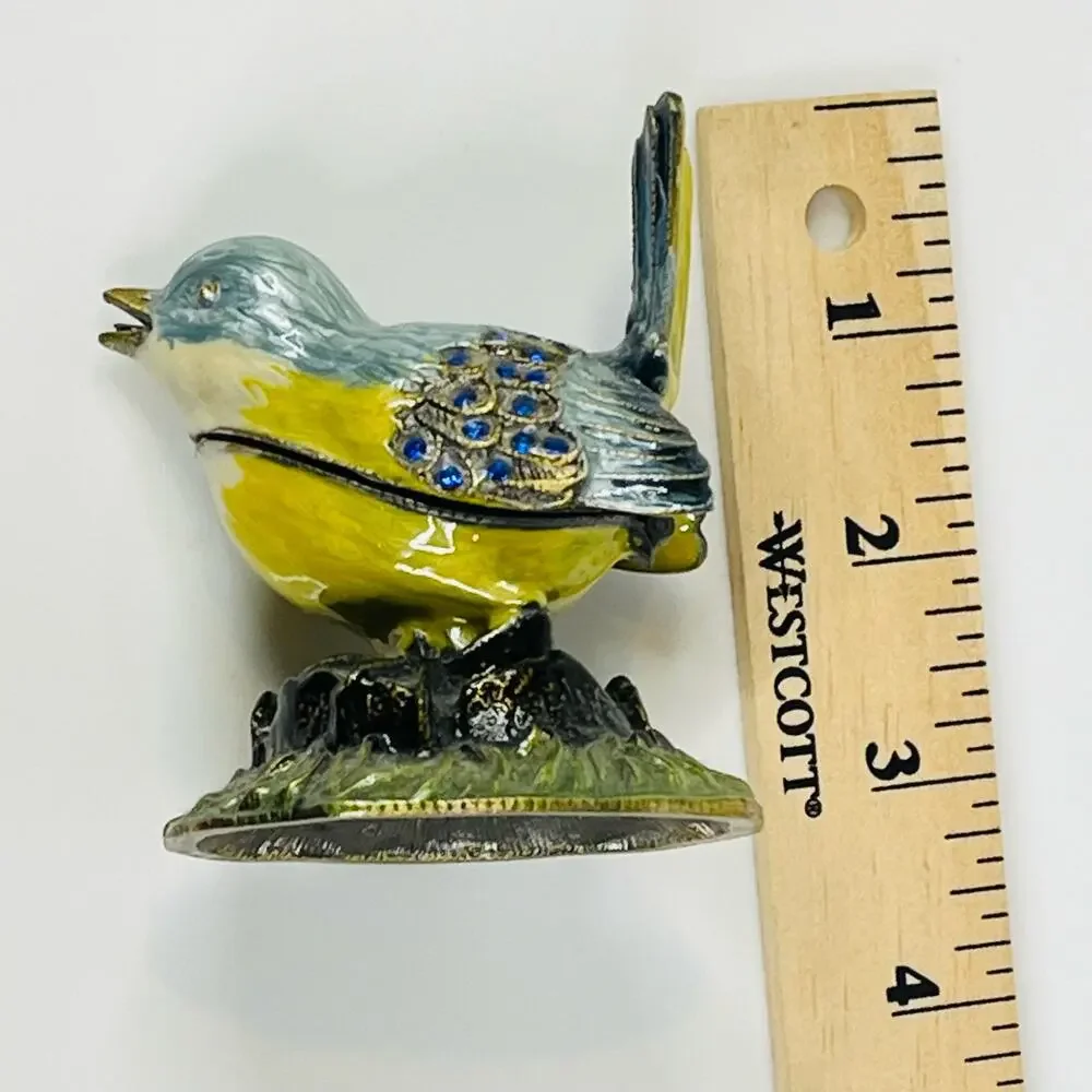 VTG Enameled Metal BLUE BIRD TRINKET BOX Crystal Rhinestone 3.2